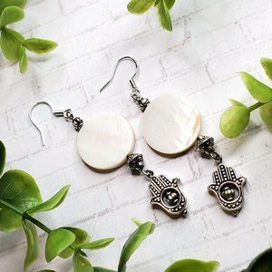 Mother of Pearl Earrings Silver Bead New Age Hamsa Fatima Hand Boho